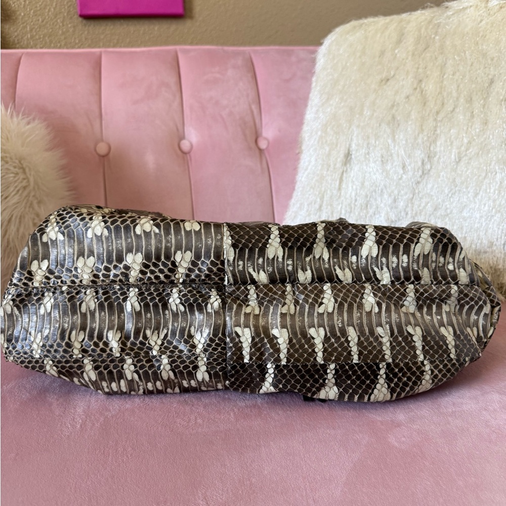 💯 Auth FURLA Snakeskin Leather Hobo Shoulder Bag w Brown Leather & Large Tassle - Picture 12 of 16